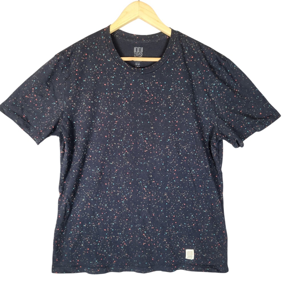 Topo Designs T-Shirt Men's Large Blue Paint Splatter Short Sleeve Cotton